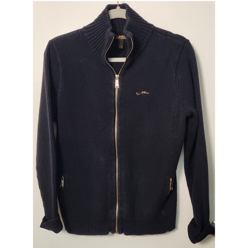 LRL Lauren Ralph Lauren Black Label Full Zip L Cotton Sweater Gold Hardware Logo